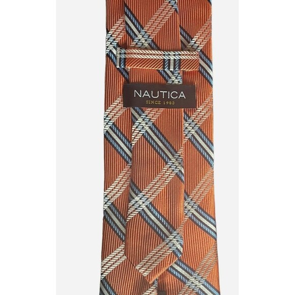 Nautica Silk Repp Tie Plaid Striped Orange Preppy Modern Career Wedding  3.25 - Picture 5 of 8